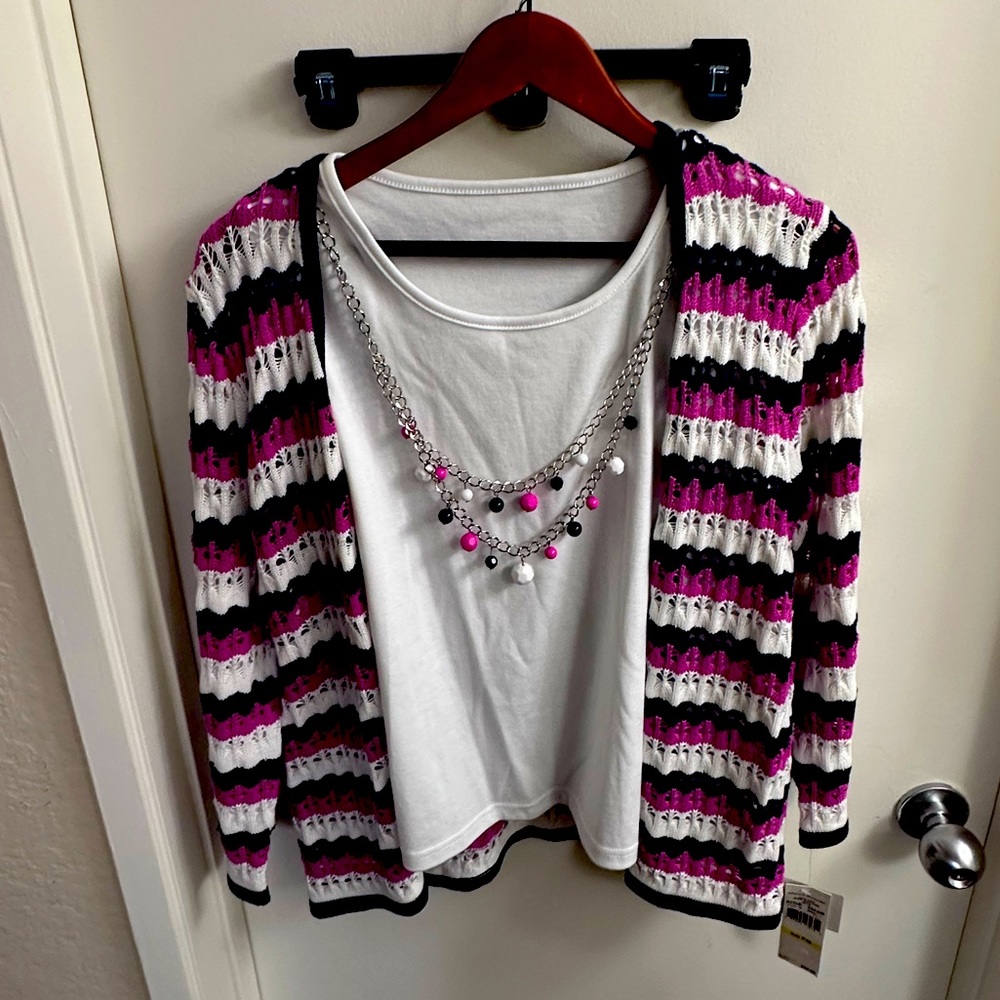 Alfred Dunner Knit Cardigan Sweater Set with necklace embellishment.